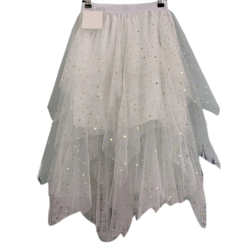 Womens Star Moon Sequins Mesh Tulle Skirt High Low Asymmetrical Midi Length Elastic Waist Layered A-Line Skirts