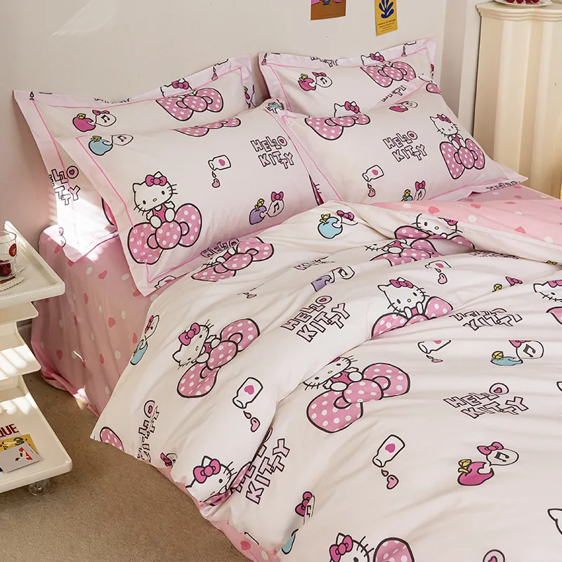 Sanrio Hello Kitty Bedding Set 100%cotton Duvet Cover Bed Sheet Pillowcase Bedsheet Single King Queen Twin Size Home Textile