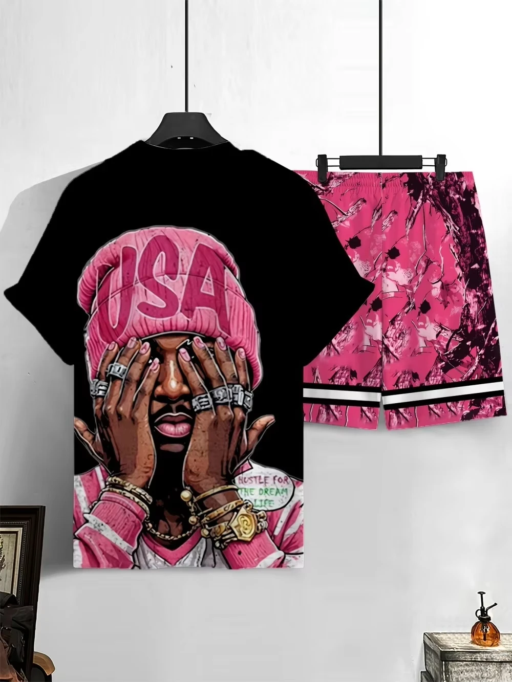 Men's Summer New USA Letter Pattern 3d Printed Comfortable Breathable Round Neck T-shirt Shorts Set Outdoor Street Wear Tops view 5