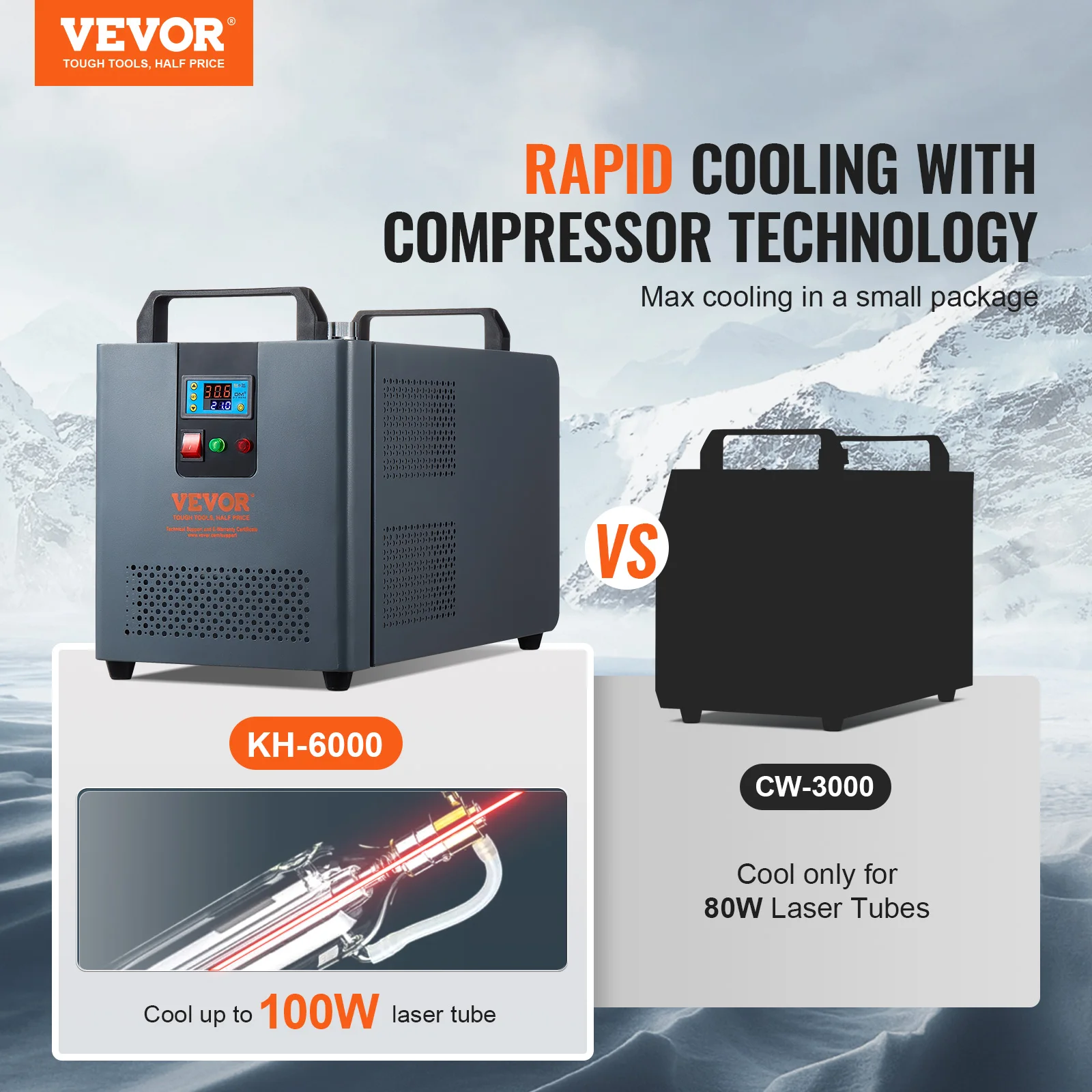 VEVOR เครื่องทําน้ําเย็นอุตสาหกรรม KH-6000 200W พร้อมคอมเพรสเซอร์ถังน้ํา 12 L ความจุ 7.8 L/min สําหรับ CO2 เลเซอร์แกะสลักเครื่อง