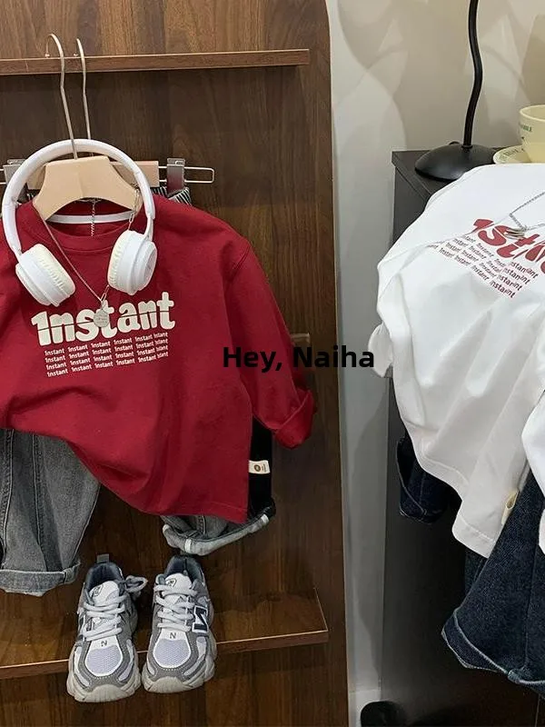 

Spring Children's Casual Cotton Long Sleeve Loose T-Shirt Fashionable Letter Boys' Base Shirt Top Fashionable Set Casual Style