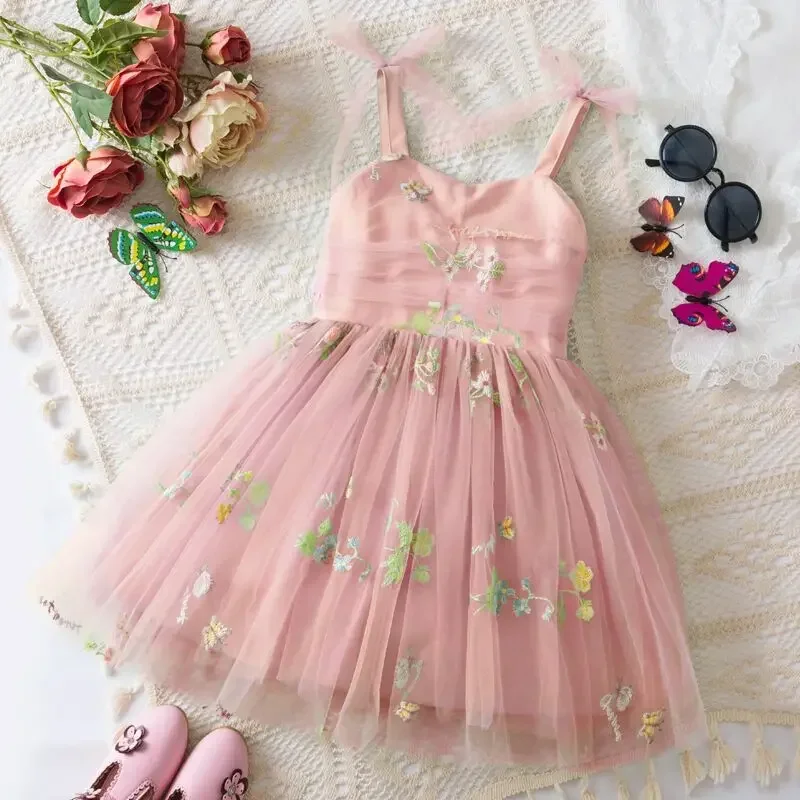 Summer Flower Baby Girls Dress Sling Sleeveless Embroidery Mesh A-Line Princess Dress for Beach Birthday Party Kids Clothes