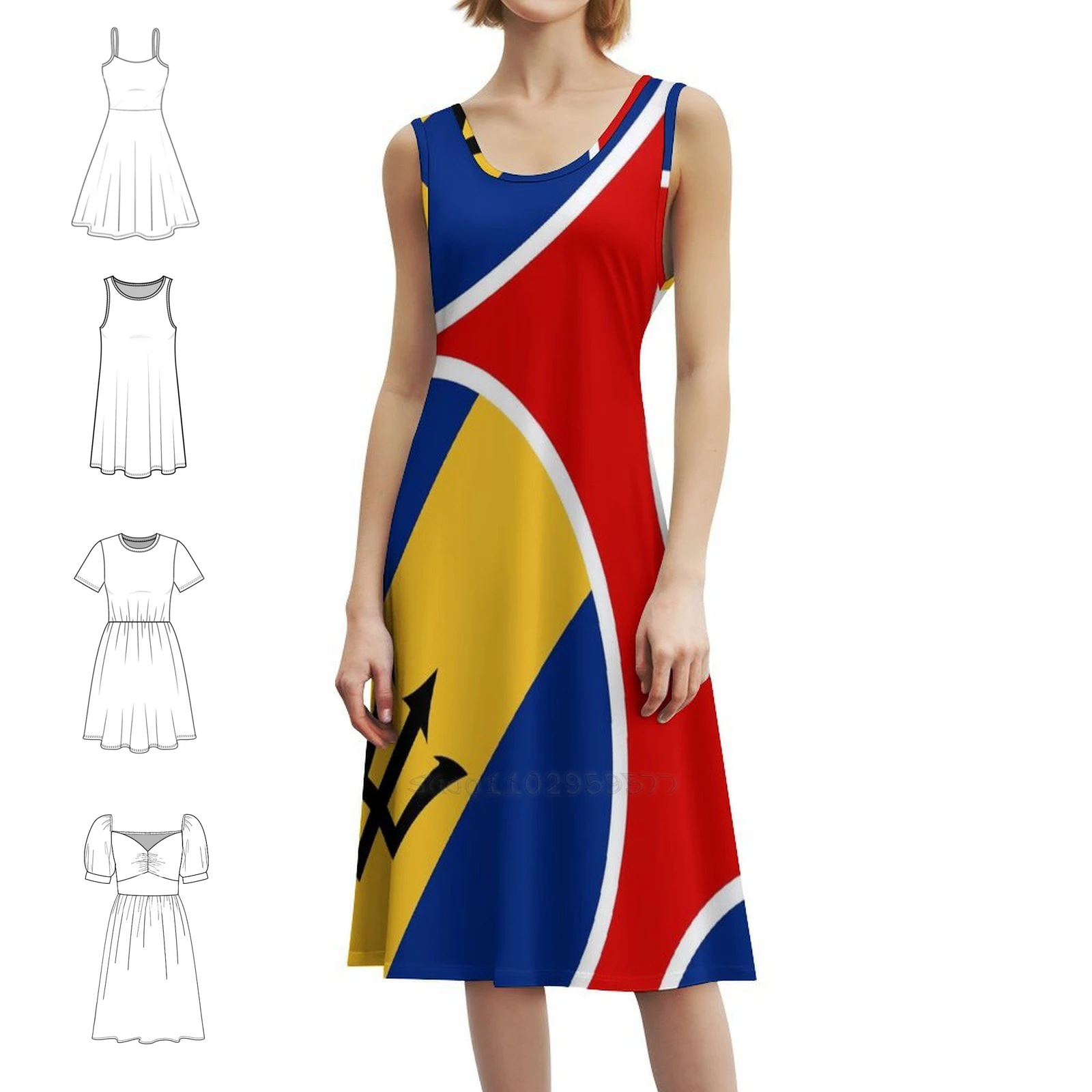 Barbados Flag Gifts Stickers & Products ( N ) Vintage Bohemian Dress Puff Sleeve Or Sleeveless Options For Women Dress Barbados