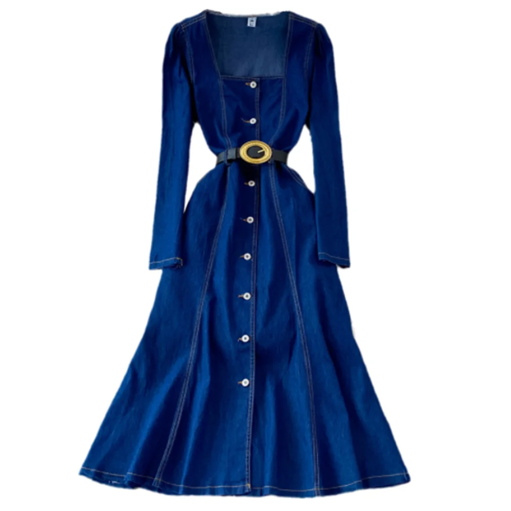 

Square-necked denim dress long fashion women Single-breasted belt 3xl