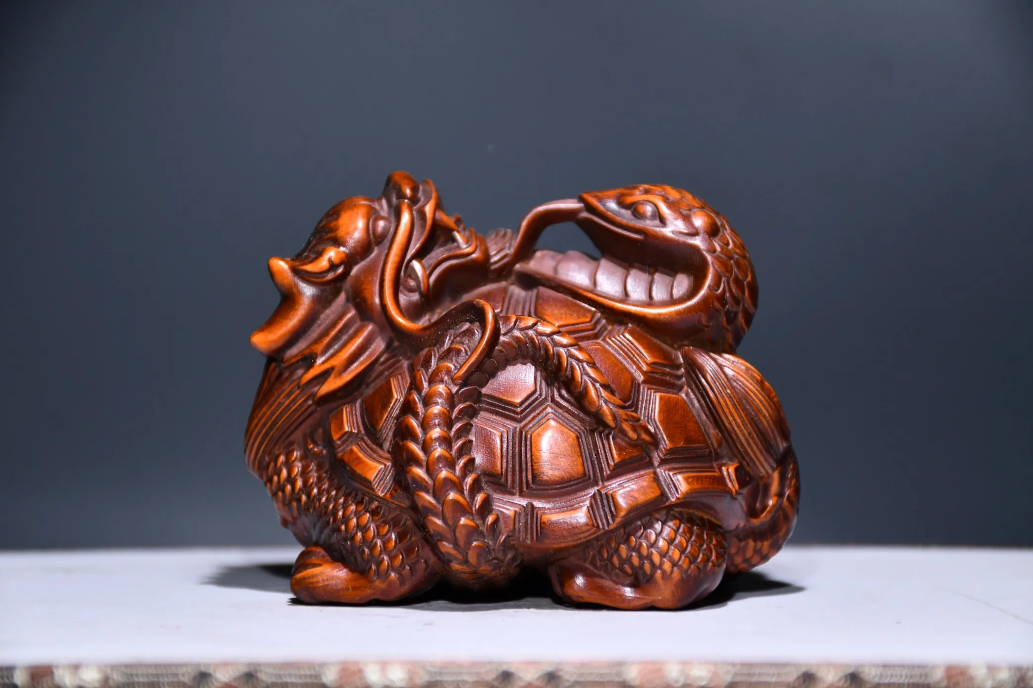 

4"Tibetan Temple Collection Old Boxwood Xuanwu One of the Four Great Beasts Dragon turtle cobra office ornament Town house