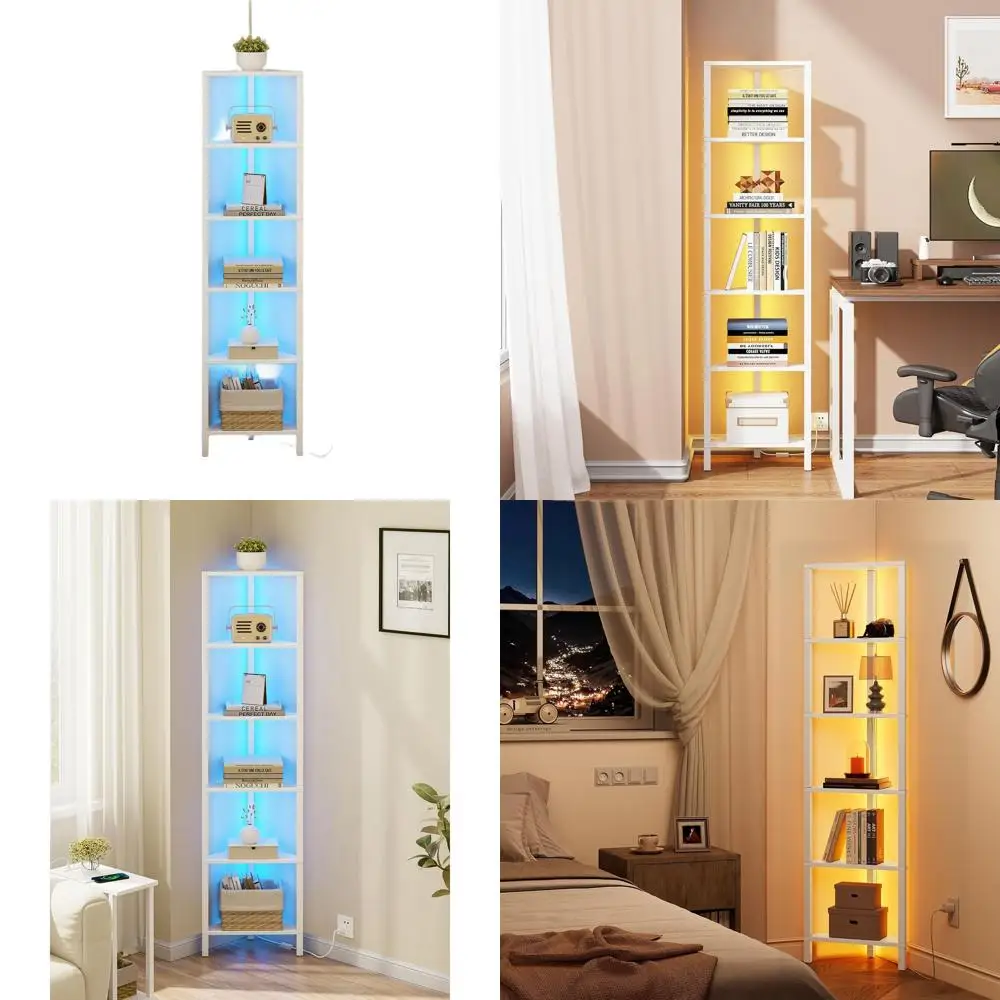 

6-Tier LED-Lit Corner Shelving Unit, Compact Storage for Rooms, White V1BS05BW006L