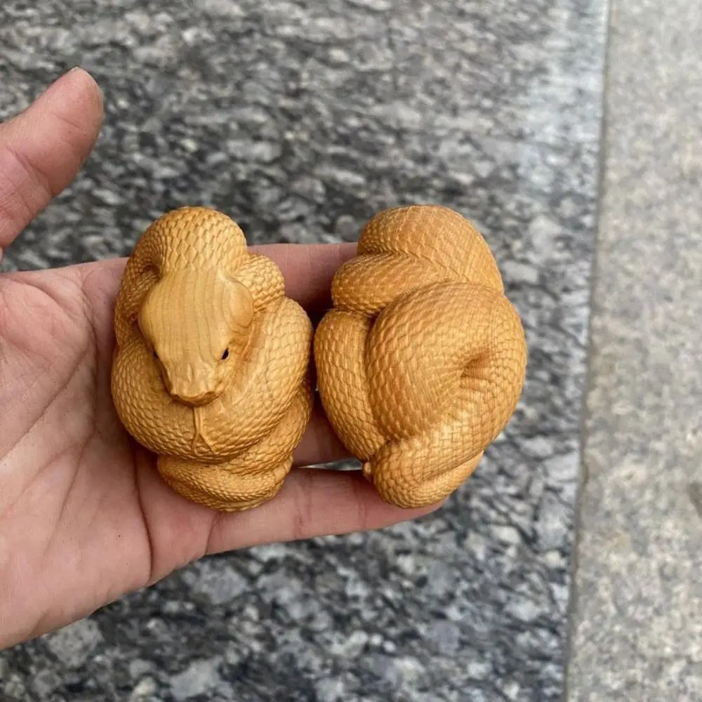 Figurines Wood Carving Snake Statue Miniature DIY Hand Carved Snake Statue Handmade Small Animal Wooden Zodiac Snake Ornament