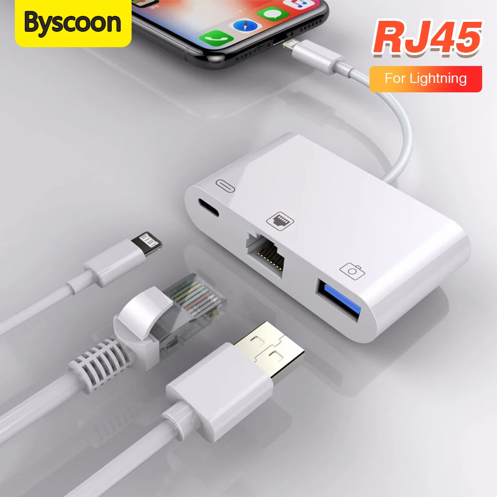 Адаптер 3 в 1 Byscoon Lightning на сетевую карту Rj45 Lightning для iPhone 14 13/12/11 pro Max к адаптеру зарядки Ethernet