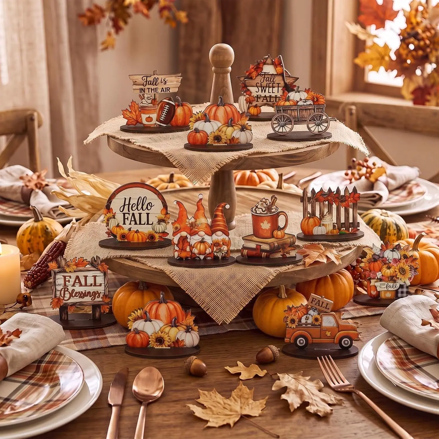 12 Pcs Fall Pumpkin Table Decor Maple Leaf Wooden Sign Centerpiece Autumn Harvest Home Party Decoration Ornament