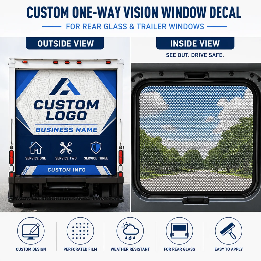 Custom Large One Way Vision Window Decal Perforated Rear Glass Sticker for Box Truck Trailer Service Vehicle