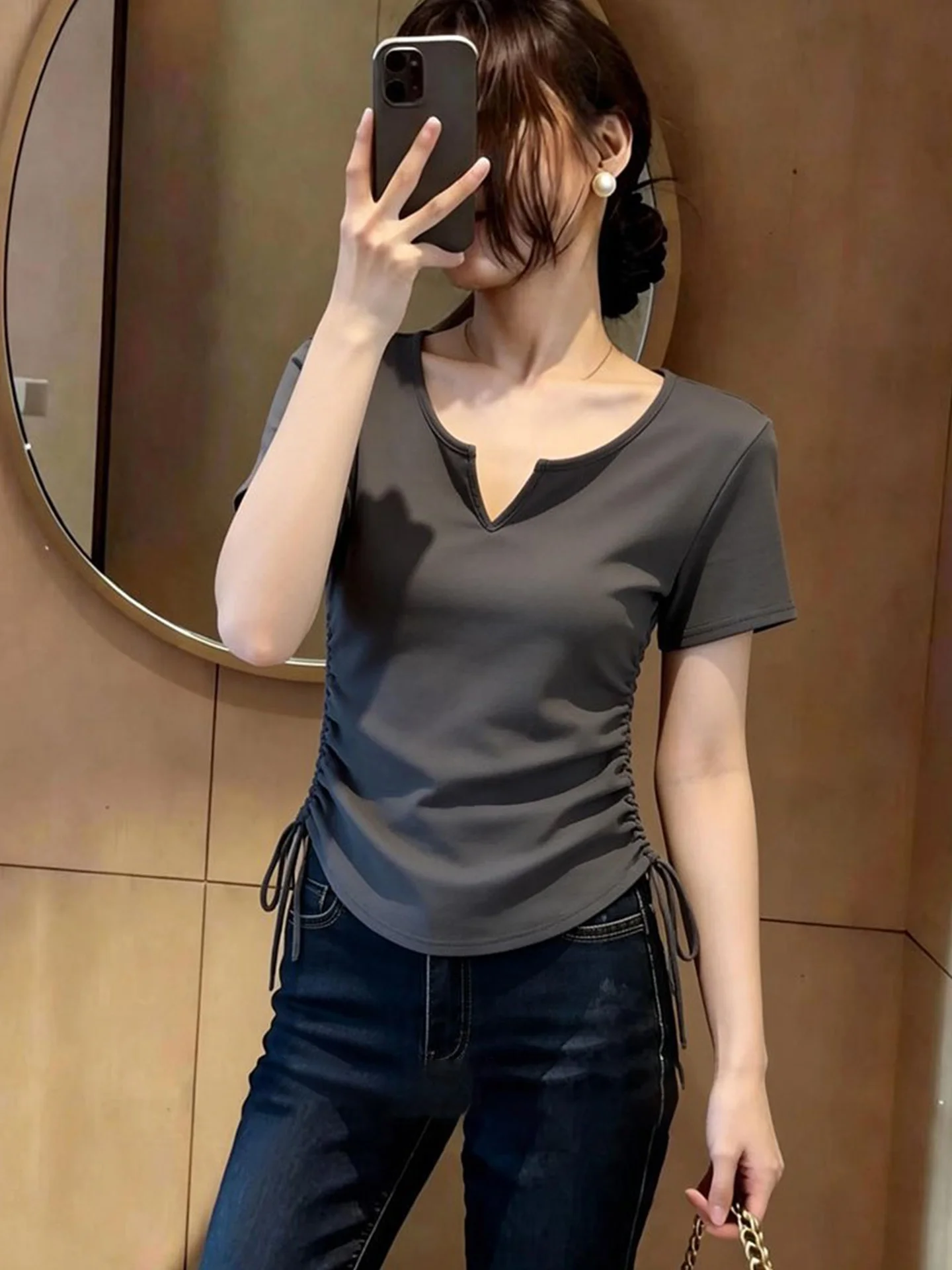 

Slimming Short Sleeve T-Shirt Women's Drawstring Waist Design Korean Style Simple Versatile Summer Fashion Casual Top