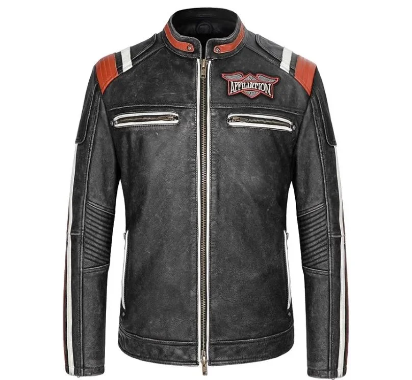 Free shipping.Classic Motor Rider leather jacket.Vintage gray Embroidered cowhide coat.Plus size real cloth.Cool man