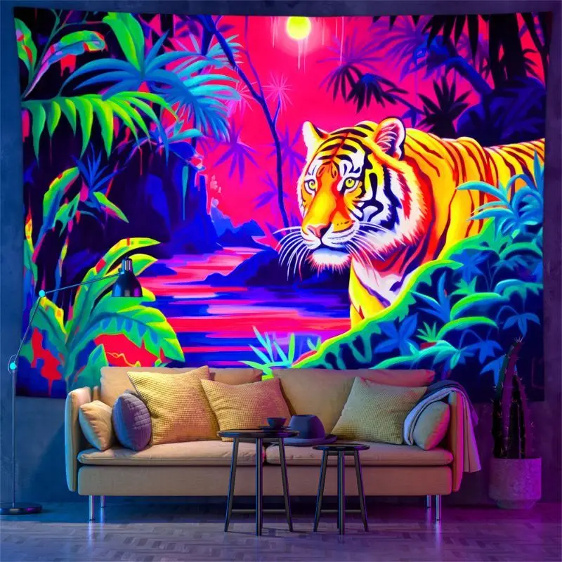 VIKAMA Neon Tiger Jungle Wall Tapestry Red Purple Glow Big Cat Palm River Forest Psychedelic Animal Wildlife Decor Cute Kawaii