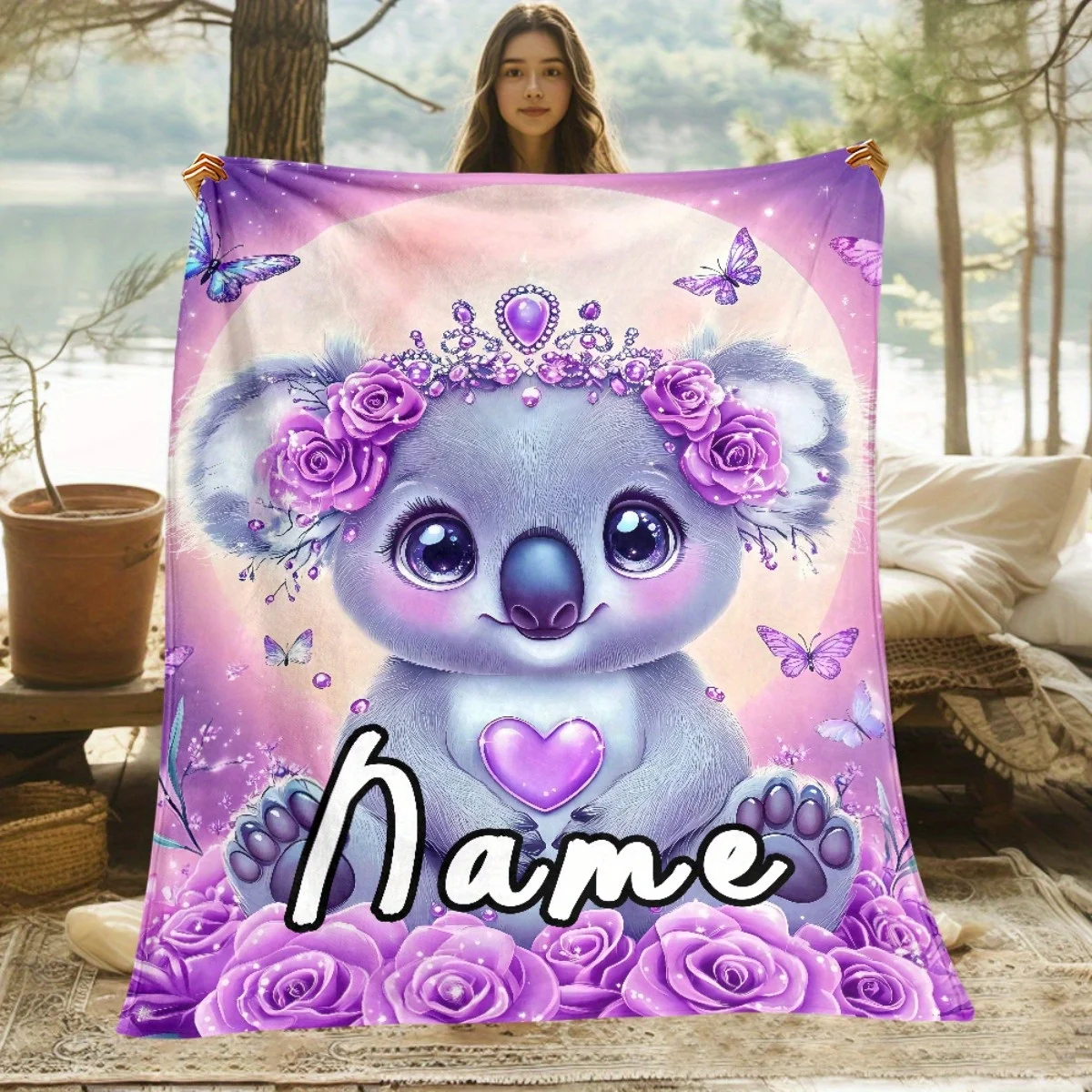 Personalized Customized Name Cute Purple Koala Blanket - Soft and Lightweight Brushed with Pink Rose, Heart and Butterfly Patter