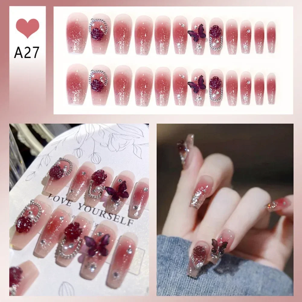 24Pcs Detachable Gradient Glitter Butterfly Artificial Nails Patch Sparkling Wearable Nail Finished with Glue