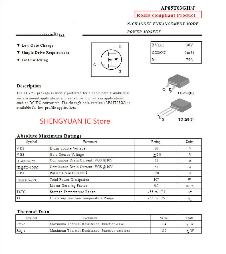 10pcs/lot AP85T03GH 85T03GH AP85T03GH-HF TO-252 AP85T03H 85T03H 30V 75A  N-CHANNEL MOSFET 100% new imported original 100%quality