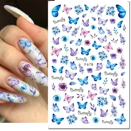 Imagen 2 del producto Calcomanías 3d para decoración de uñas, mariposas azules y moradas, flores azules, pegatinas de hojas para decoración de uñas, puntas de manicura
