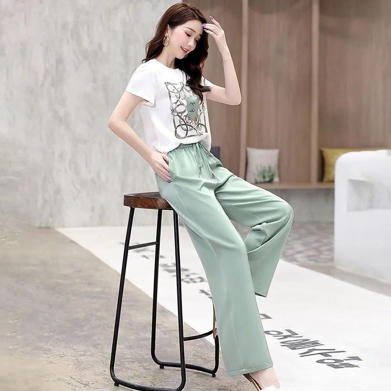 Women Casual Plus Size Clothing Suit 2024 Summer New Fashion Large Korean Short Sleeve Top Wide Leg Pants 2 Two Piece Set Female