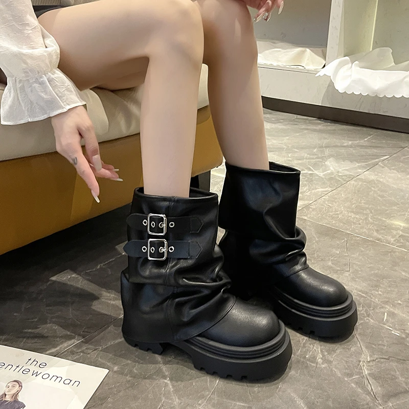 

Punk Style Splicing Thick Bottom Women Pile Mid-Calf Boots Fashion Buckle Female Pleated Retro Thick Soled Booties Shoes 2026