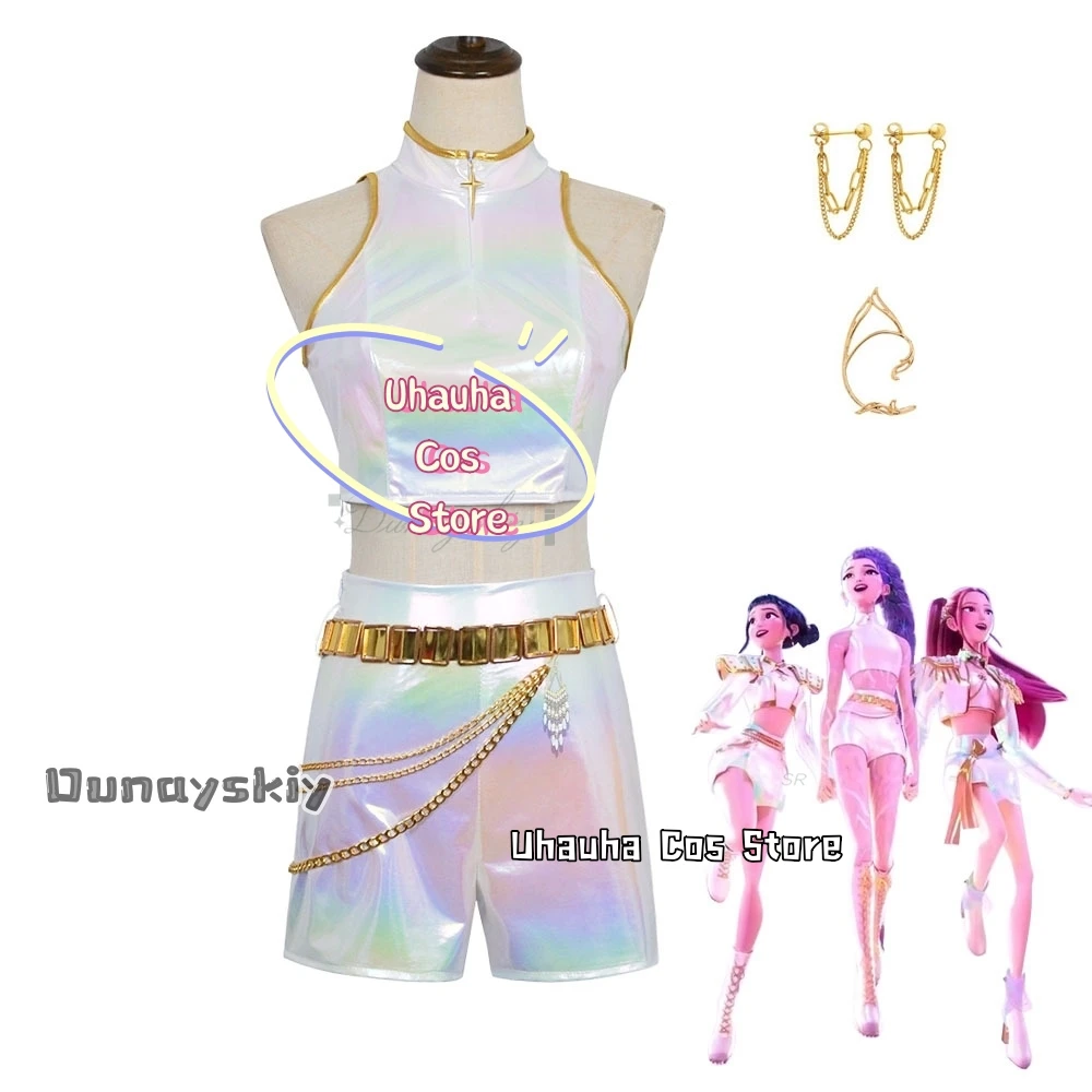 Rumi Anime K-POP Demon Hunters disfraz de Cosplay dorado blanco peluca de Cosplay para niños accesorio ropa para niños para carnaval Halloween