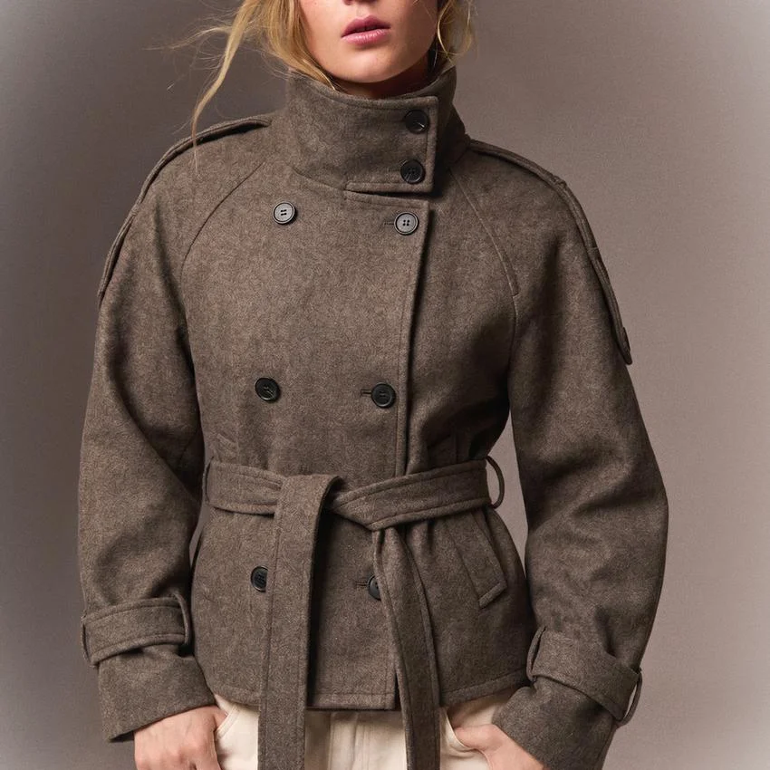 Fashionable Soft Outerwear Women's Jacket Double-Breasted Belted Style European Standard Fit Long Sleeve Polyester Fiber