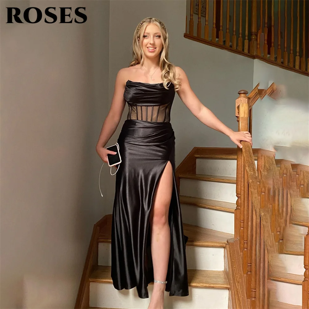 Vestidos de fiesta negros con manchas de rosas para mujer, vestido de noche sin tirantes y sin mangas, vestido Formal con abertura lateral, longitud hasta el suelo, فستان