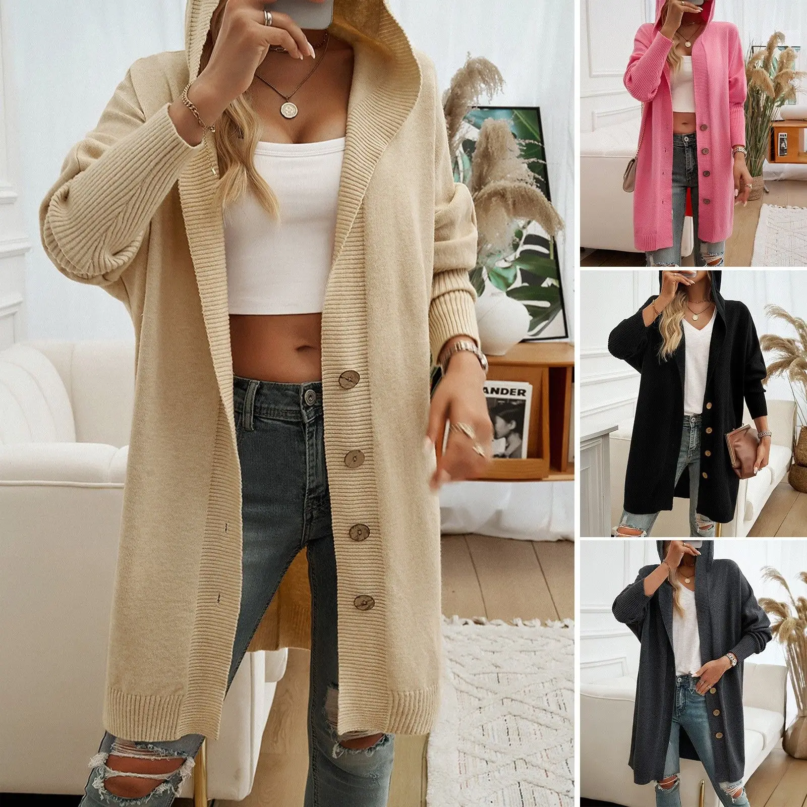 

Loose Casual Open Cardigan Sweater Women's Autumn Winter New Sle Button up Hooded Jaet Long Sve Polyester Fiber