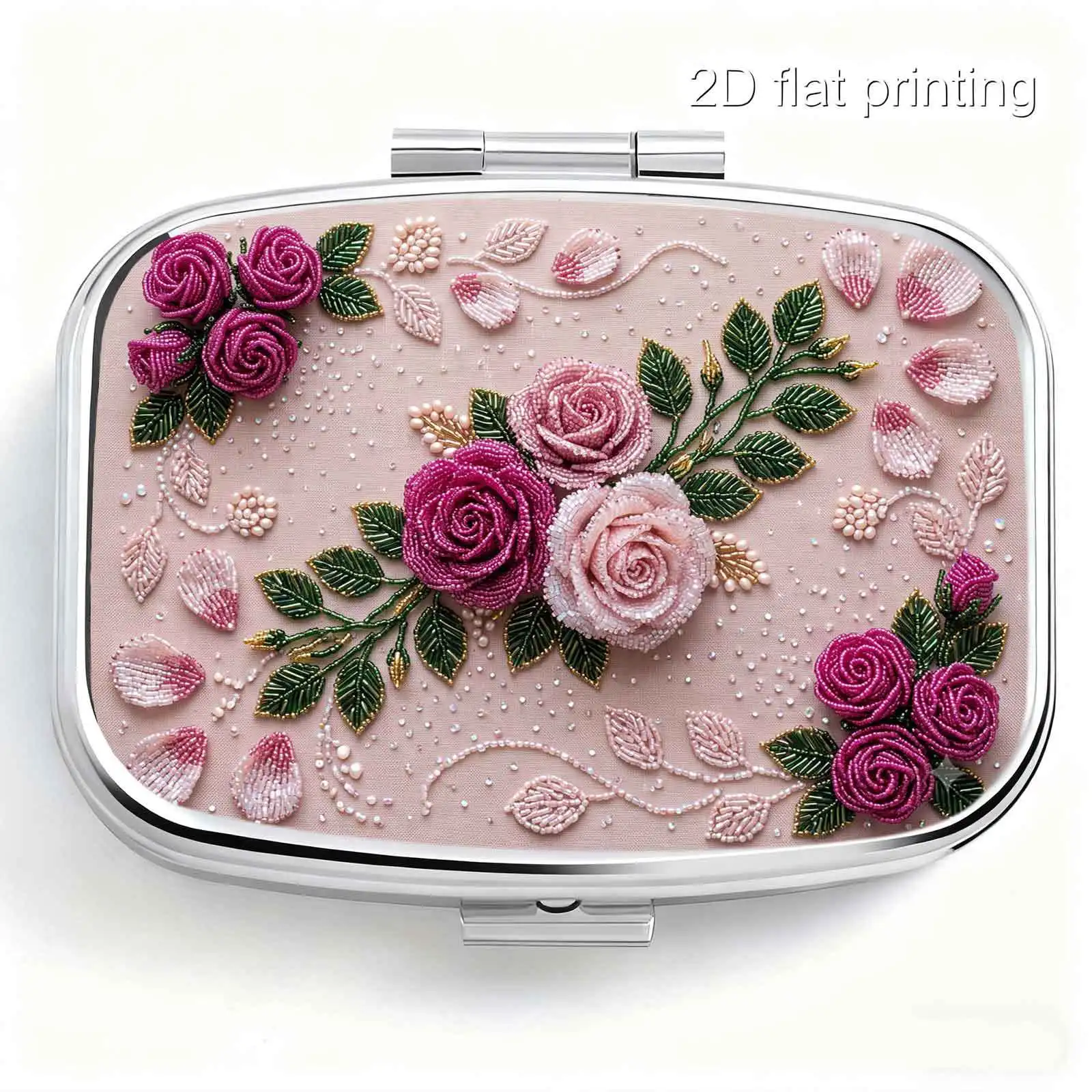Flat Printing, Portable Mini Double-Compartment Pill Box, Handmade Bead Embroidery with Pink and Purple Rose Floral Print, Travel Medicine Storage Box, Sealed and Moisture-Proof, Capsule Vitamin Storage Box, Portable Small Pill Box