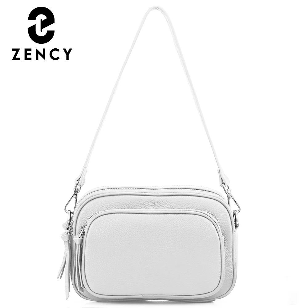 Zency Designer Women Shoulder Bag Genuine Cowhide Leather Handbag Zipper Pockets Large Capacity Female Crossbody Bag White