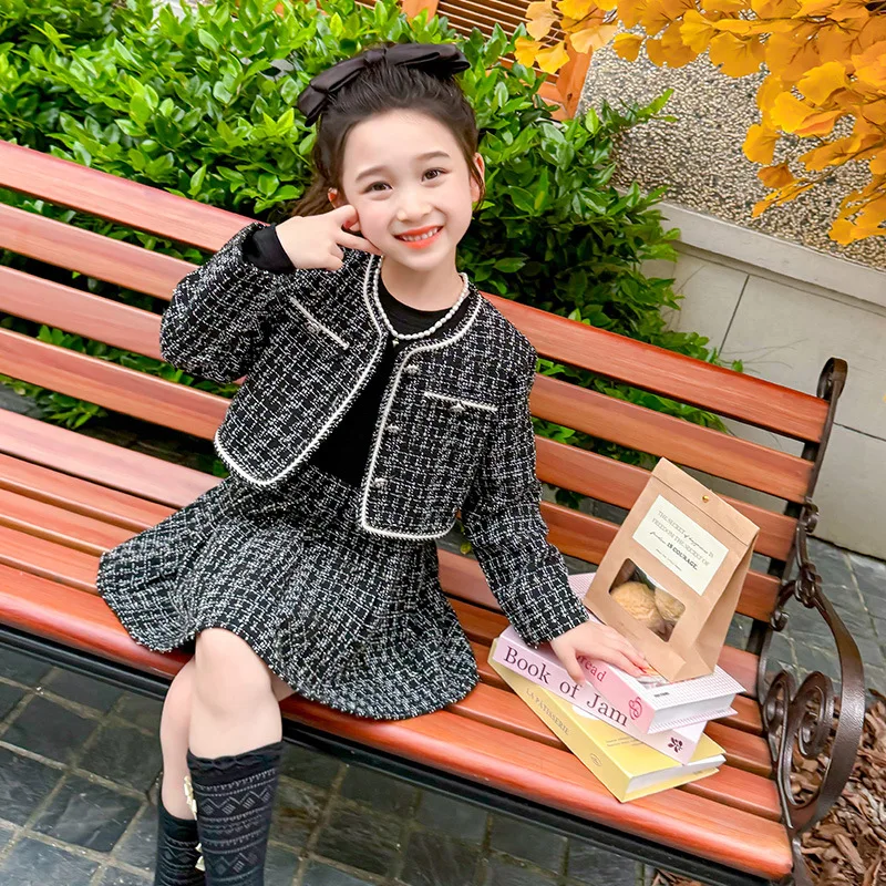 Girls\' Xiaoxiangfeng Jacket Short Skirt Set Spring and Autumn Children\'s Long Sleeve Two-piece Clothes