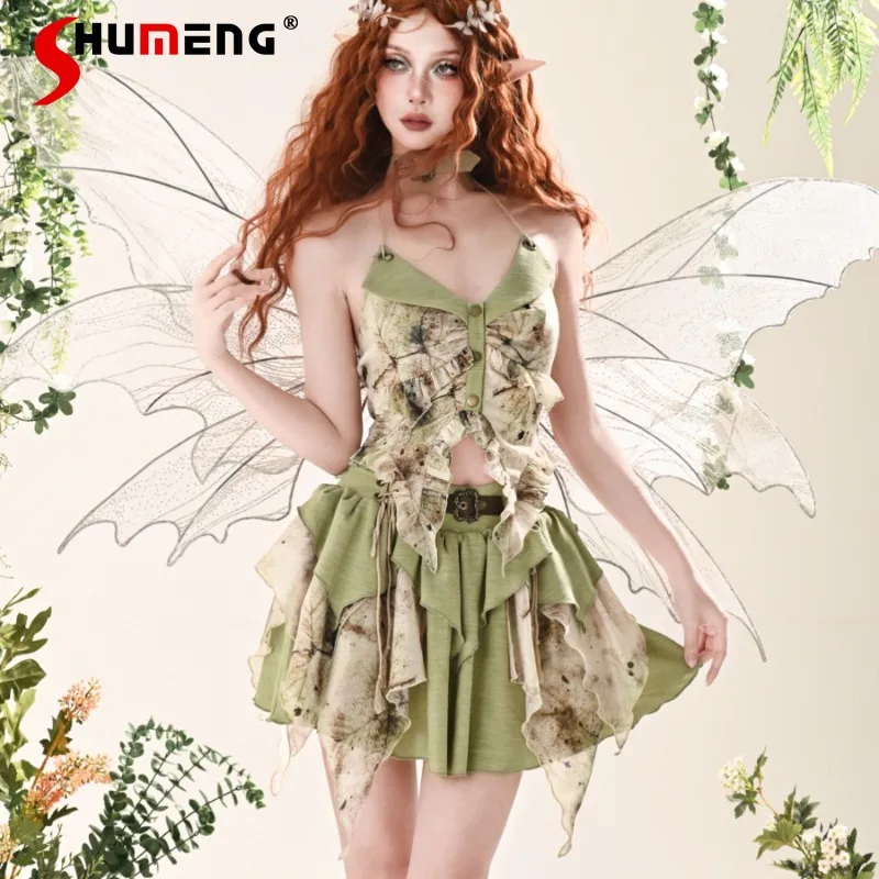 

2024 New Japanese Style Tees Fresh Spaghetti-Strap Floral Print Lace-up Ruffled Romantic Butterfly Halter Sings Top Summer Women