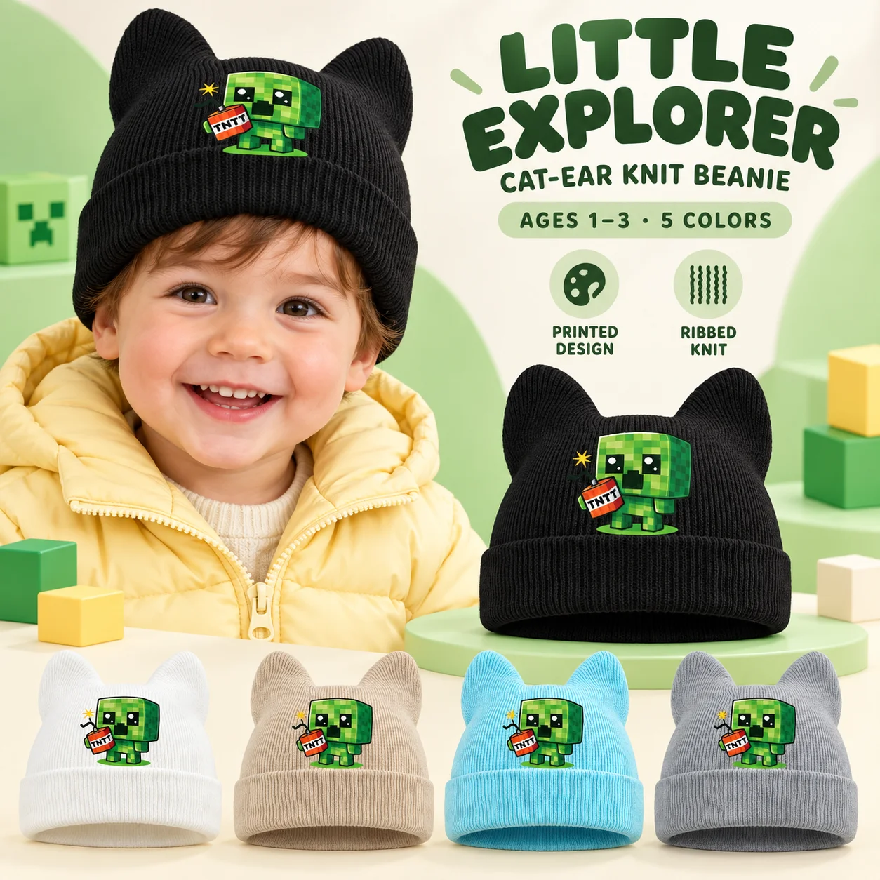 Kawaii Trend Toddler Knit Cold Hat 1‑3Y Peeking Black Cat Cartoon Print Kids Knitted Beanie Cute Daily Children Cap