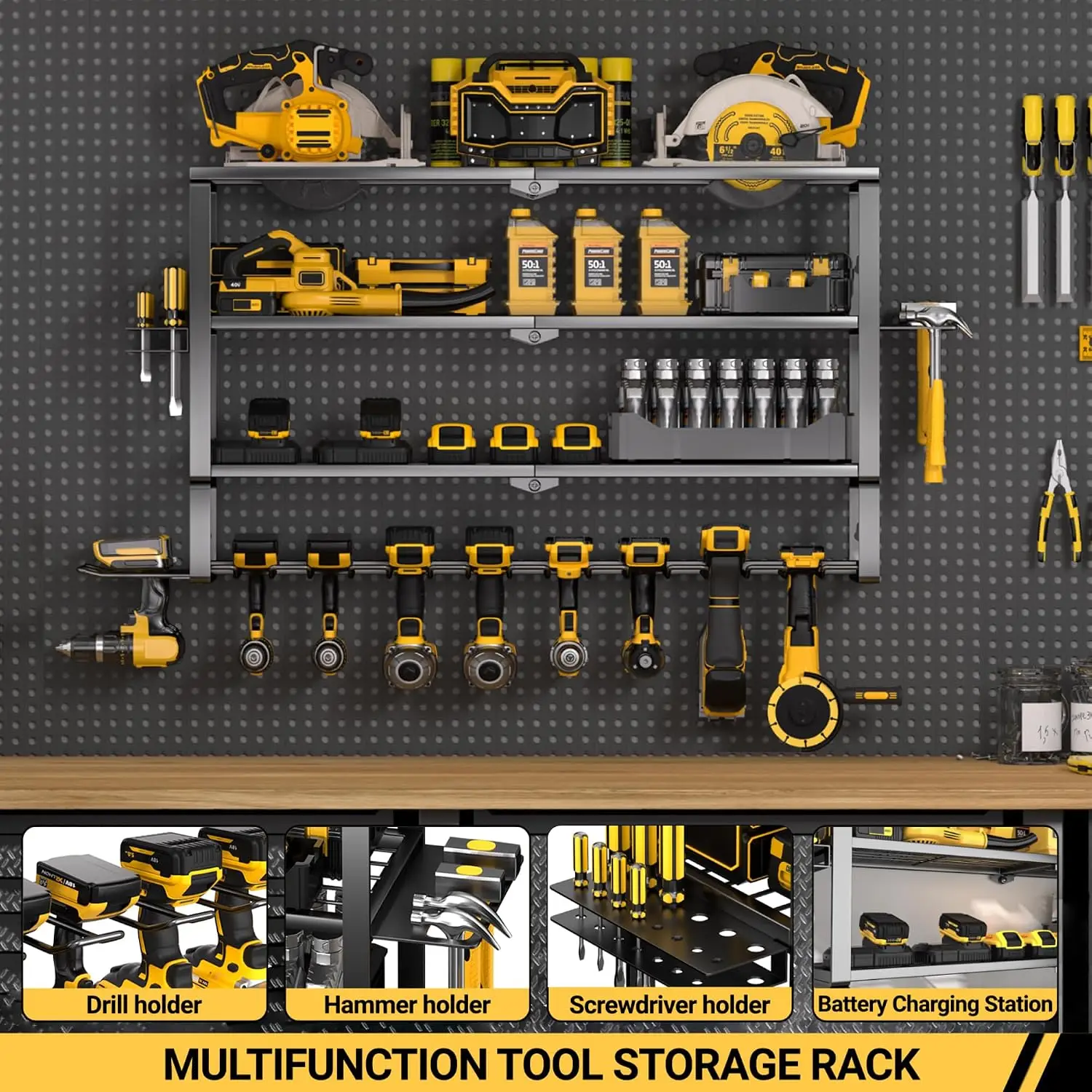 Large Power Tool Organizer Wall Mount, Heavy Duty Metal Cordless Drill Storage Rack with Battery Charging Station Shelf, Utility Racks for Garage Organization, 4 Layer 10 Drills Holder Extra Tall