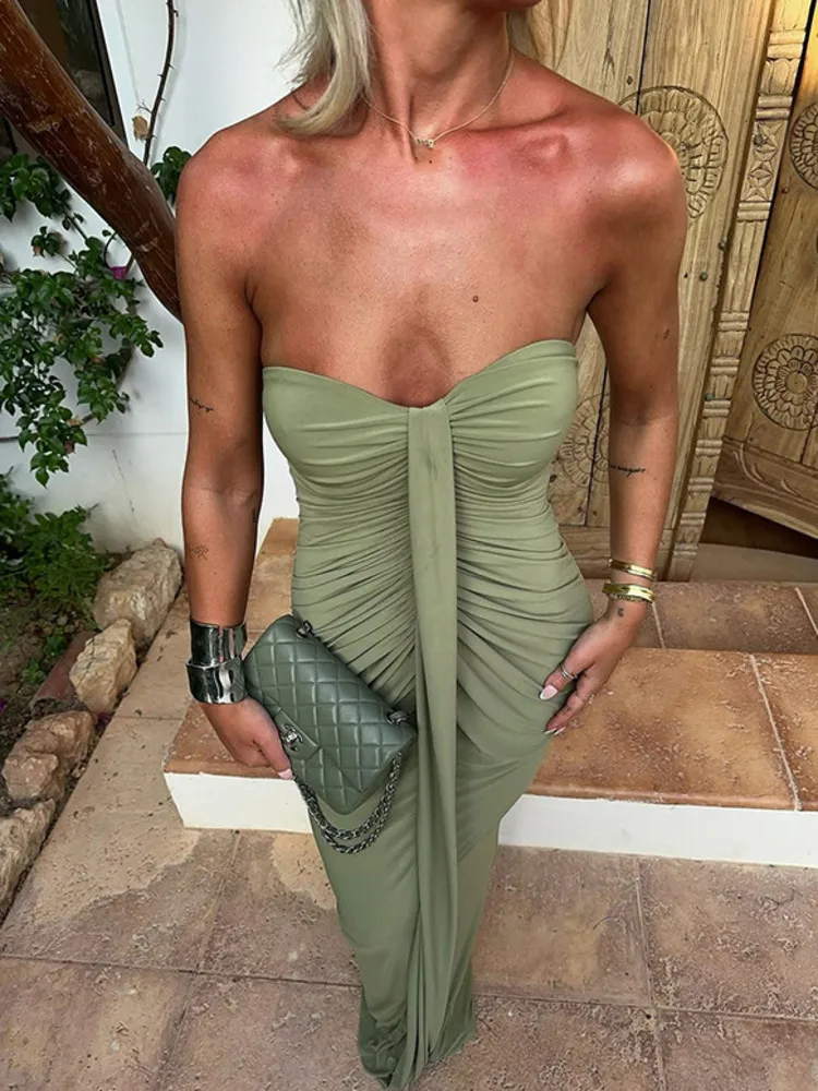 

Mozision Off-shoulder Strapless Sexy Maxi Dress Women Gown Elegant Sleeveless Backless Bodycon Draped Ruched Club Party Dress