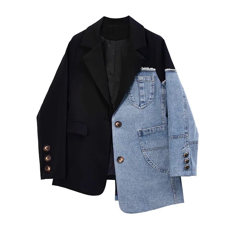 2023 Autumn Winter Women Korean Vintage Blazer Denim Patchwork Jackets Irregular Coat Women Long Sleeve Oversize Outerwear Suit