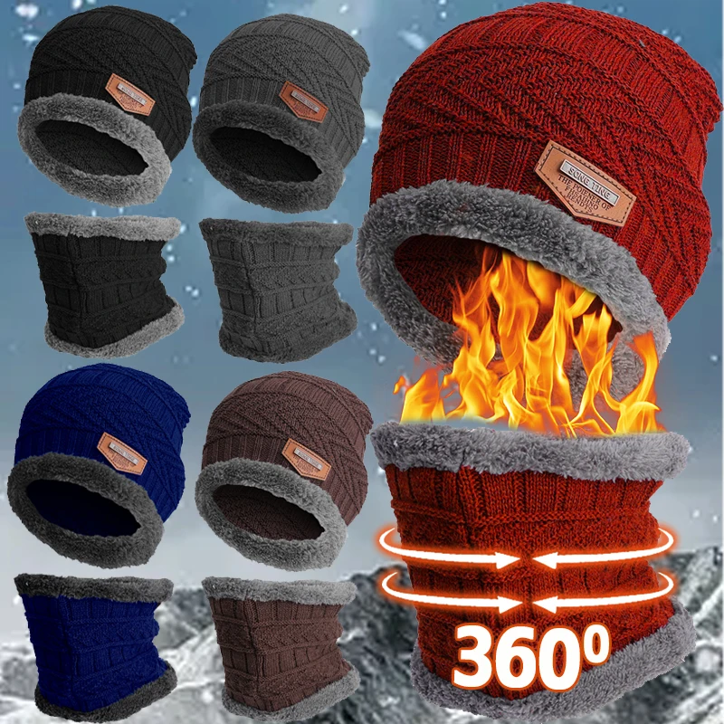 Unisex Winter Outdoors Thick Beanie Hat Knitted Hat Winter Cap Beanie Female Wool Neck Scarf Cap Balaclava Mask Bonnet Hats Set