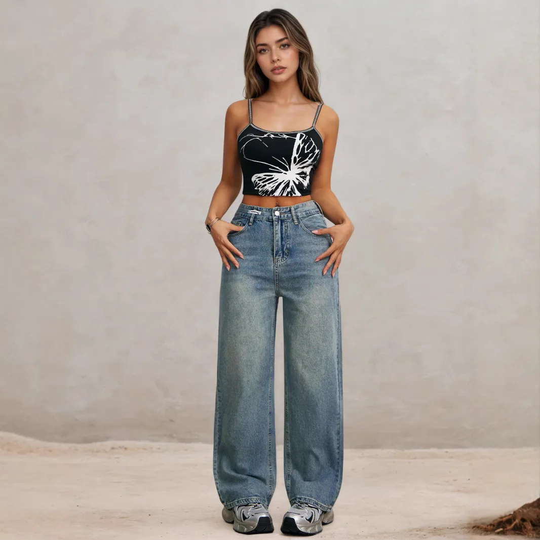 

Корейские широкие джинсы в стиле ретро для женщин, осенние и зимние свободные и тонкие прямые брюки с высокой талией, джинсы в уличном стиле