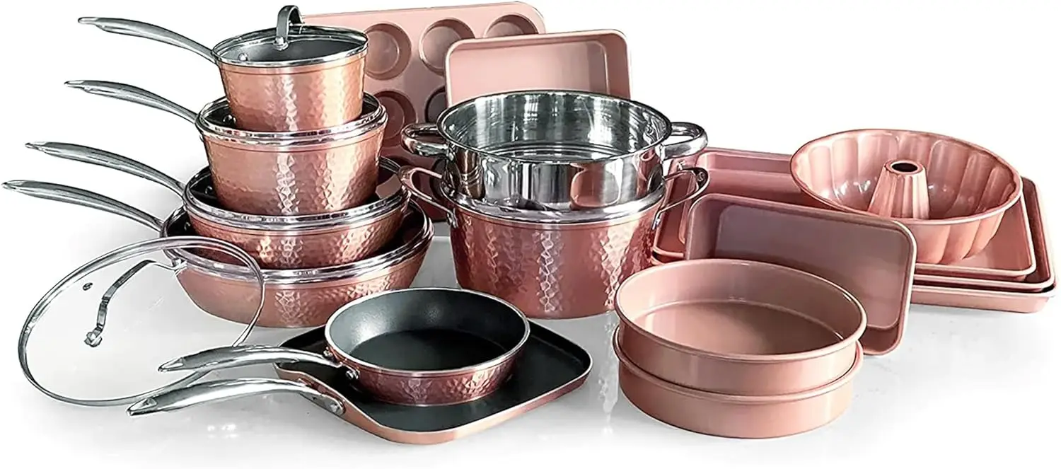 Luxurious Non-Stick Ceramic 22 Piece Rose Gold Cookware Set with Glass Lids, Lightweight, Scratch-Resistant, Dishwasher Safe,