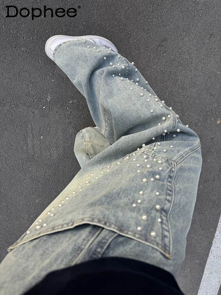 

Men's 2025 Four Seasons Wear Trendy Curved Denim Trousers Handsome Niche Hot Diamond Pearl Jeans Fashion High Street Denim Pants
