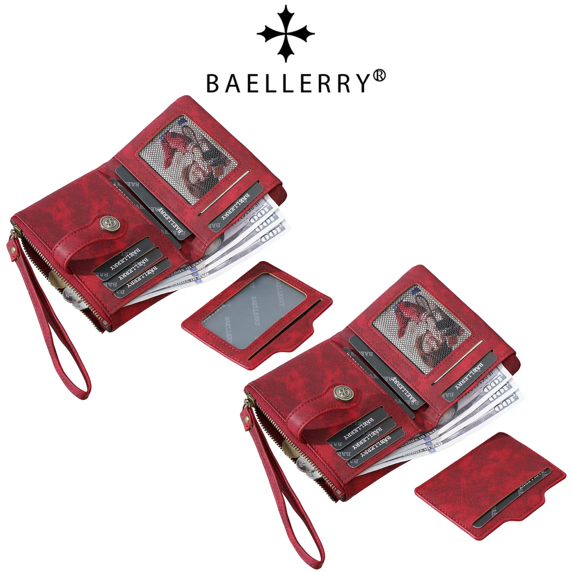 1 Stück - Baellerry Damen Vintage PU-Leder Kurzbörse mit 80% Rabatt, mit Handgelenkschlaufe, 8 Kartenfächern + Ausweisfenster + abnehmbarem Kartenhalter, praktisches Geburtstagsgeschenk für Frauen. – Detail 5
