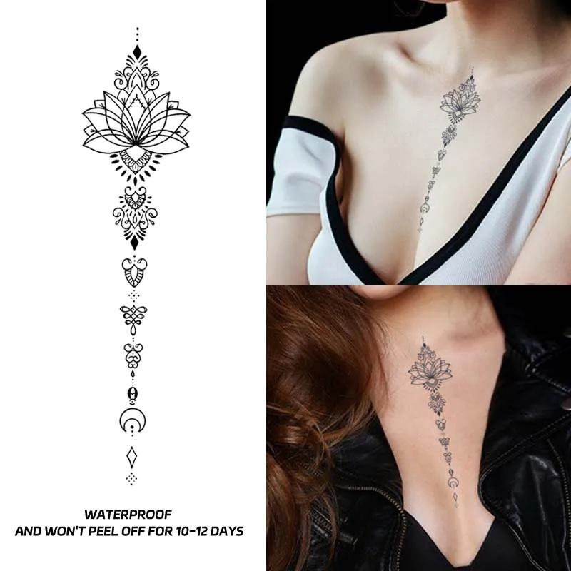 Lotus Crescent Waterproof Realistic Temporary Tattoo Sticker, Lasting 1-2 Weeks, for Chest, Semi-Permanent Fake Tattoo