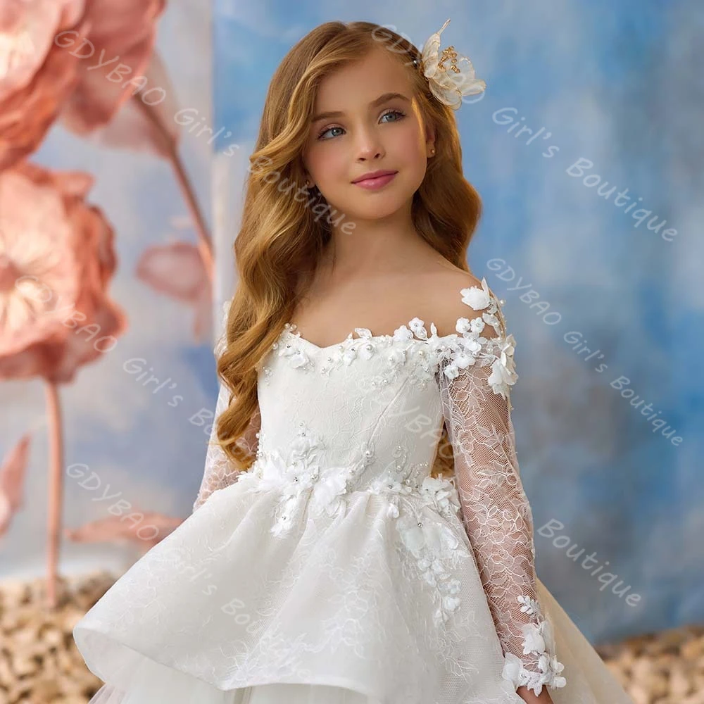 Aangepaste bloemenmeisje jurk voor bruiloft kinderen volledige mouw ruches heilige communie optocht jurk kralen kant verjaardagsfeestje jurk