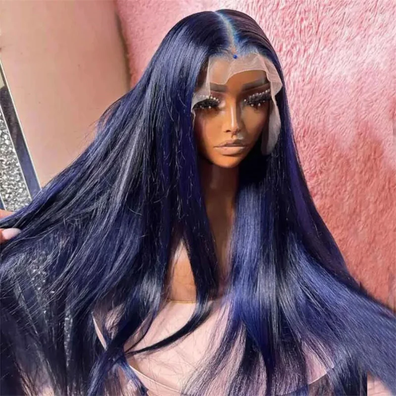 26 inch 180Density Long Blue Silky Straight Lace Front Wig For Black Women Baby Hair Daily Natural Hairline Glueless Preplucked