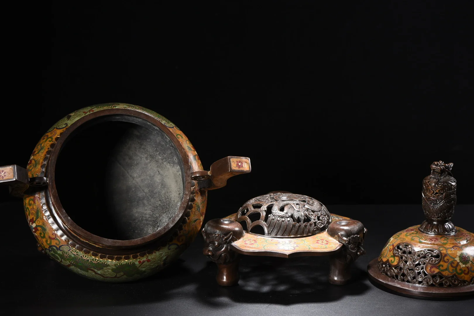 

19"Tibetan Temple Collection Old Bronze Cloisonne Floral Crane Texture Ruyi Ear Base Incense Burner Amass wealth Ornaments