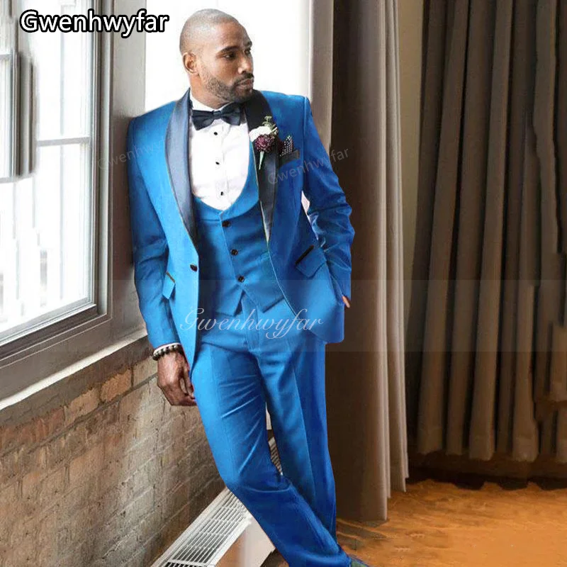 

Gwenhwyar синие мужские костюмы для свадьбы с зубчатыми лацканами на одной пуговице, приталенный костюм из 3 предметов (куртка + жилет + брюки), одежда для жениха, костюм Homme