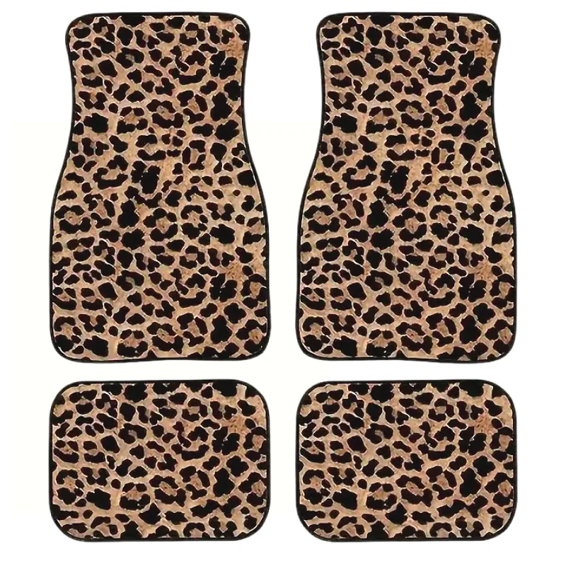 4PCS Luxury Brown Leopard Print Universal Car Floor Mats Set - Fashionable Front & Rear Seat Protector - Vehicle Carpet kit