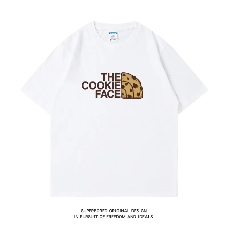 

Summer Fun and Funny Cookie Face Printed Short Sleeve T-Shirt for Men, Pure Cotton, Loose Fit, Crew Neck, Plus Size