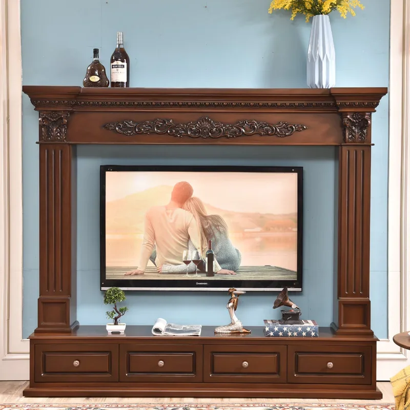 

Solid wood fireplace carved decorative cabinet, white European style fireplace frame, TV cabinet background wall