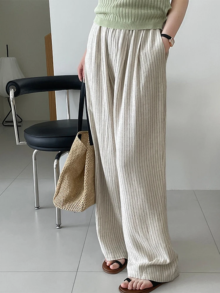 LANMREM Striped Wide Leg Pants For Women Elastic High Waist Casual Drooping Feeling Full Length Trousers 2024 New 2Z1621