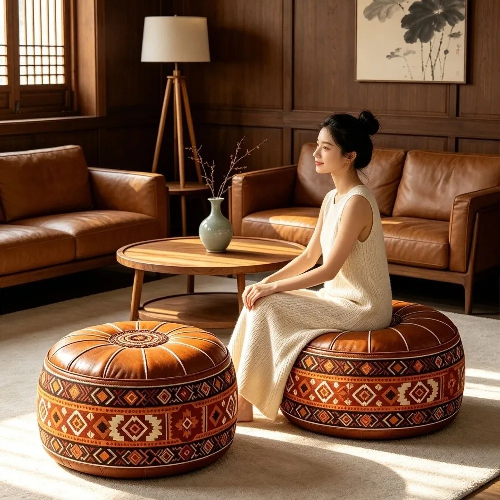Stylish PU Leather Round Sofa Stool Cover Space-Saving Vintage Seat Cushion Cover Waterproof Foldable Sofa Footstool Entryway